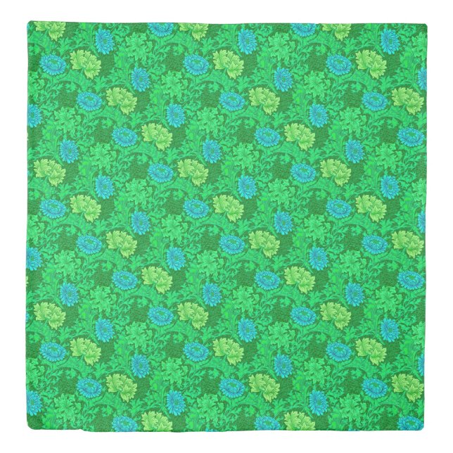 William Morris Chrysanthemums, Lime Green & Aqua Duvet Cover (Front)