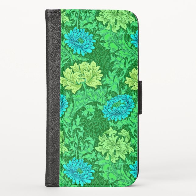 William Morris Chrysanthemums, Lime Green & Aqua iPhone Wallet Case (Front)