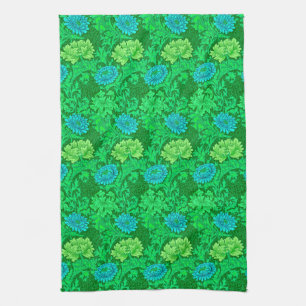 William Morris Chrysanthemums, Lime Green & Aqua Kitchen Towel