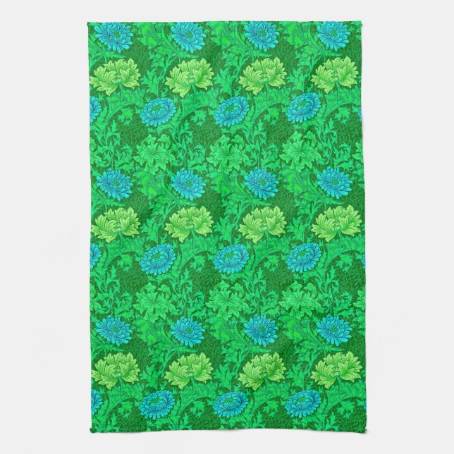 William Morris Chrysanthemums, Lime Green & Aqua Kitchen Towel (Vertical)