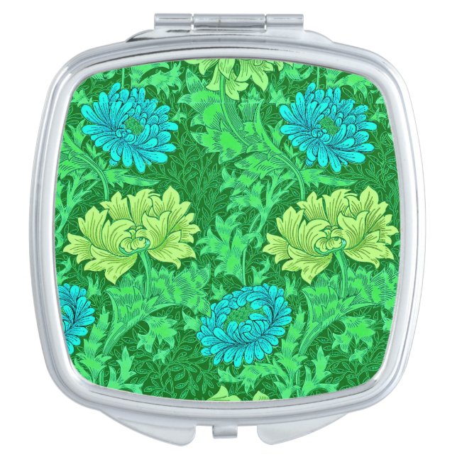 William Morris Chrysanthemums, Lime Green & Aqua Makeup Mirror (Front)