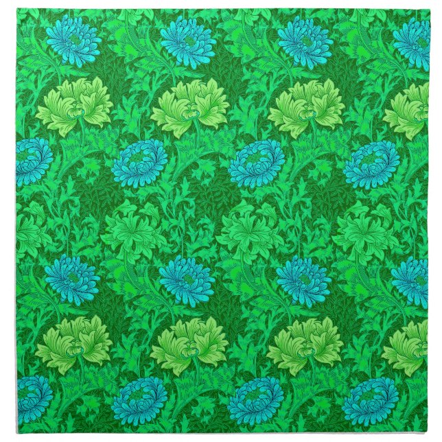 William Morris Chrysanthemums, Lime Green & Aqua Napkin (Front)