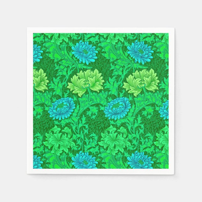 William Morris Chrysanthemums, Lime Green & Aqua Napkins (Front)
