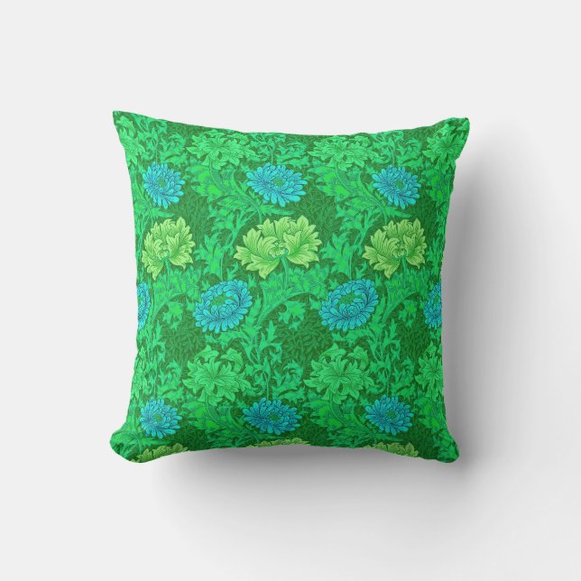 William Morris Chrysanthemums, Lime Green & Aqua Outdoor Pillow (Front)