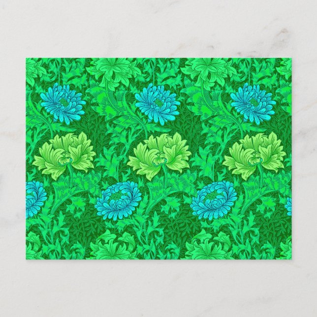William Morris Chrysanthemums, Lime Green & Aqua Postcard (Front)