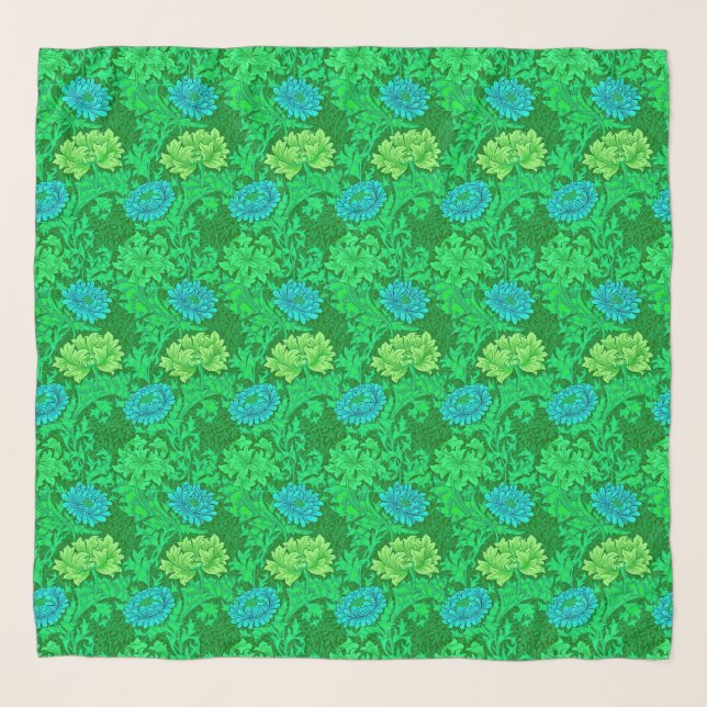 William Morris Chrysanthemums, Lime Green & Aqua Scarf (Front)