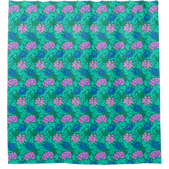 William Morris Chrysanthemums, Lime Green & Aqua Shower Curtain (Front)
