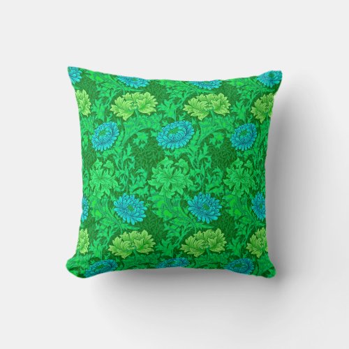 William Morris Chrysanthemums Lime Green  Aqua  Throw Pillow