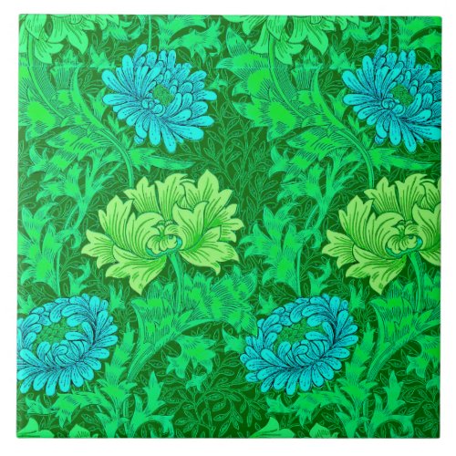 William Morris Chrysanthemums Lime Green  Aqua Tile