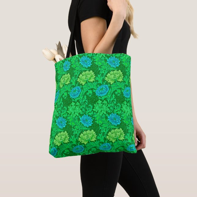 William Morris Chrysanthemums, Lime Green & Aqua Tote Bag (Close Up)