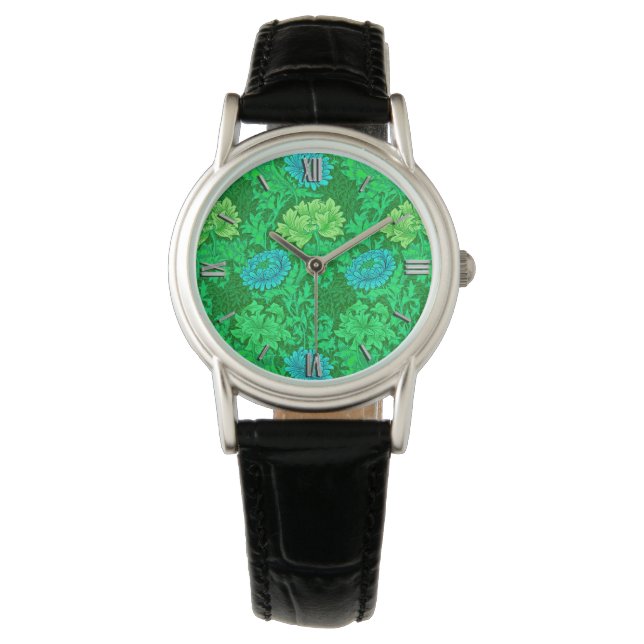 William Morris Chrysanthemums, Lime Green & Aqua Watch (Front)
