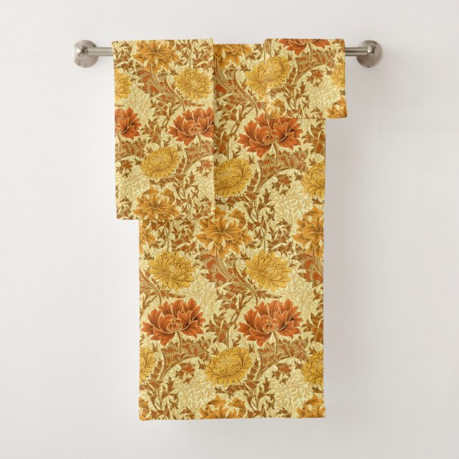 William Morris Chrysanthemums, Mustard Gold  Bath Towel Set (Insitu)