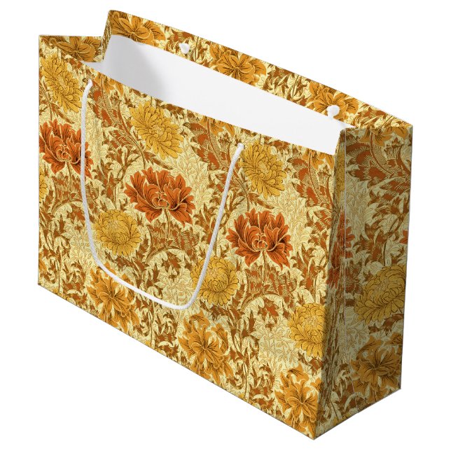 William Morris Chrysanthemums, Mustard Gold Large Gift Bag (Front Angled)