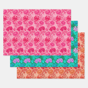 William Morris Chrysanthemums, Pink, Aqua & Coral Wrapping Paper Sheets