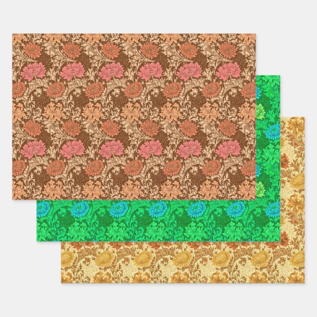 William Morris Chrysanthemums, Rust, Green & Gold  Wrapping Paper Sheets (Set)