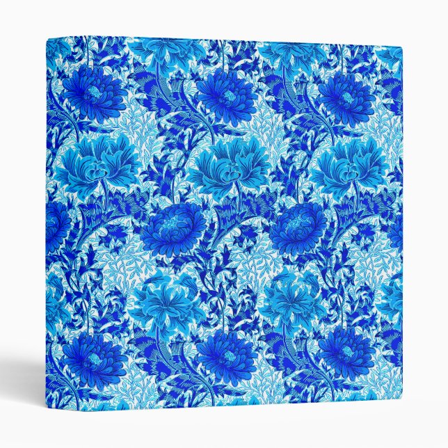 William Morris Chrysanthemums Shades of Denim Blue 3 Ring Binder (Front/Spine)