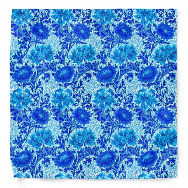 William Morris Chrysanthemums Shades of Denim Blue Bandana (Front)