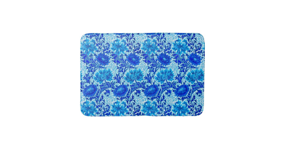 William Morris Chrysanthemums Shades of Denim Blue Bath Mat Zazzle