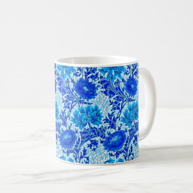 William Morris Chrysanthemums Shades of Denim Blue Coffee Mug (Front Right)