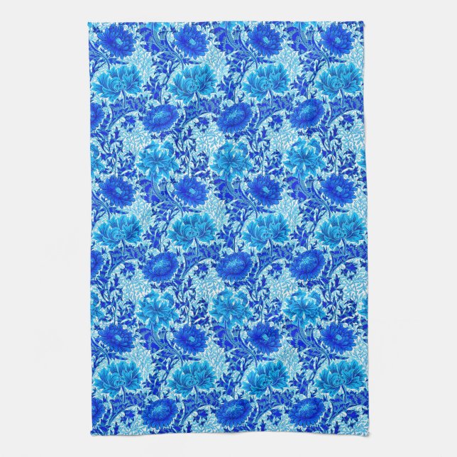 William Morris Chrysanthemums Shades of Denim Blue Kitchen Towel (Vertical)