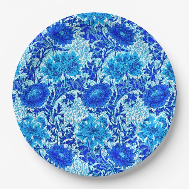 William Morris Chrysanthemums Shades of Denim Blue Paper Plates (Front)