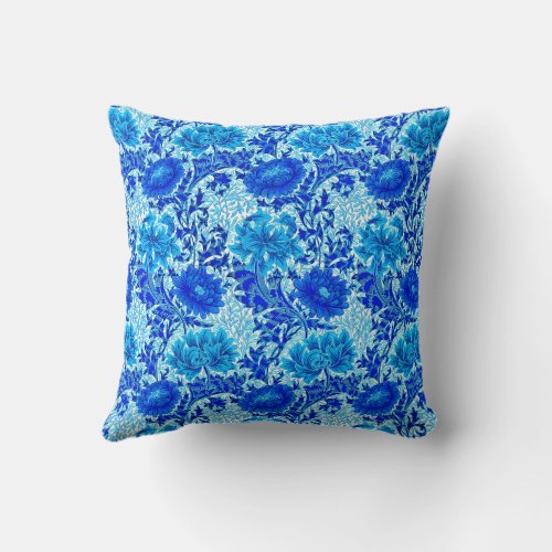 William Morris Chrysanthemums Shades of Denim Blue Throw Pillow