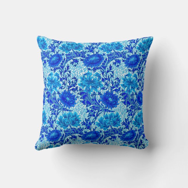 William Morris Chrysanthemums Shades of Denim Blue Throw Pillow (Back)