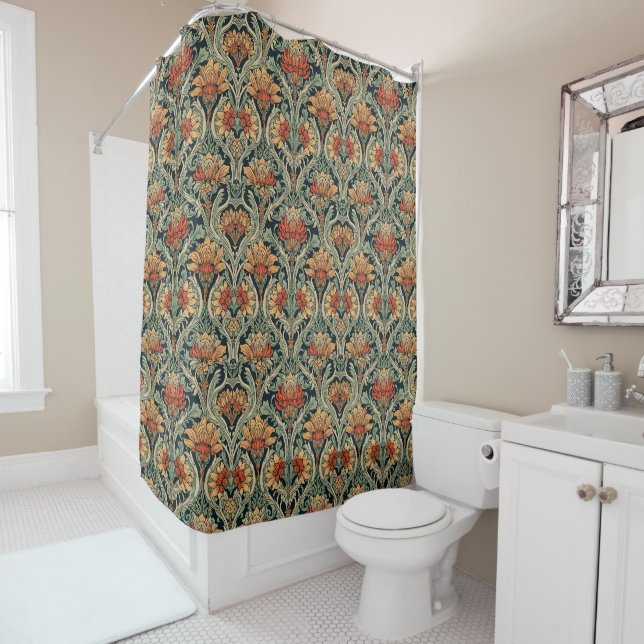 William Morris Compton Floral Art Nouveau Pattern Shower Curtain (In Situ)