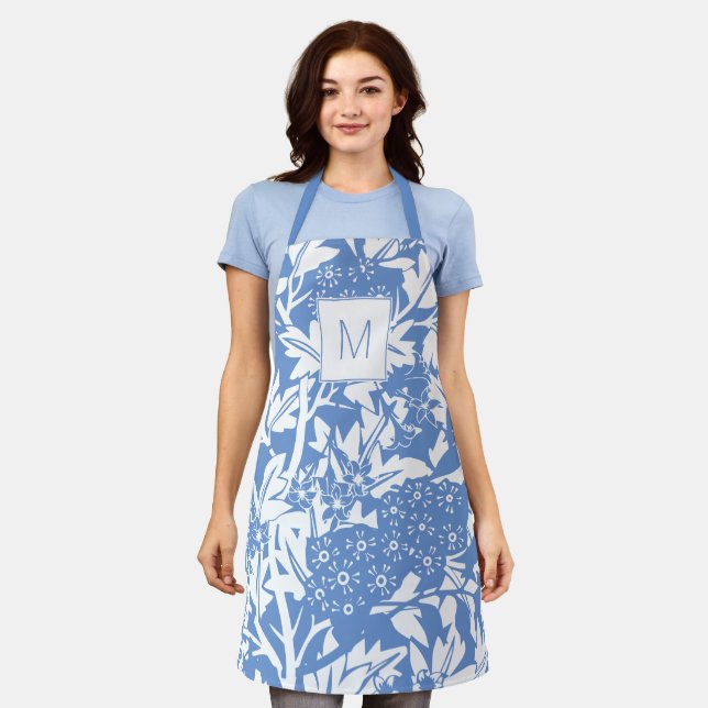 William Morris Cornflower Blue Floral Monogram Apron (Worn)