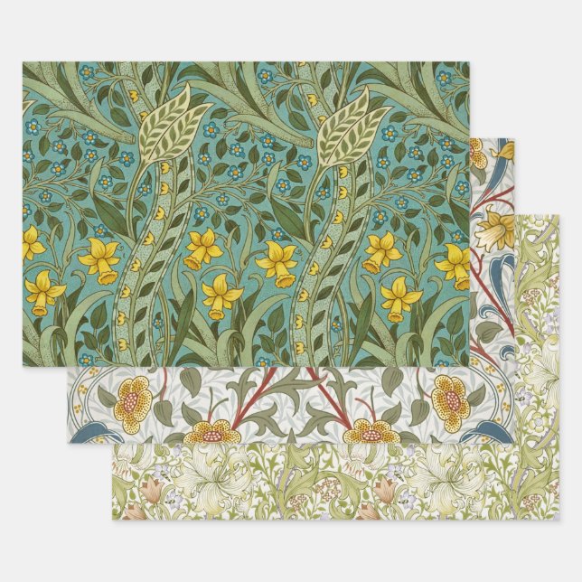 William Morris Daffodil Floral Pattern Classic Wrapping Paper Sheets (Set)