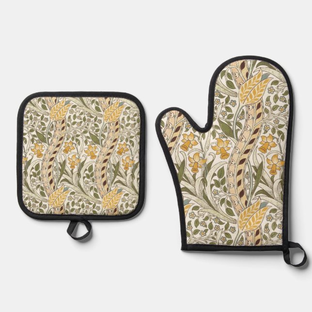William Morris Daffodil Garden Flower Classic Bota Oven Mitt & Pot Holder Set (Front)