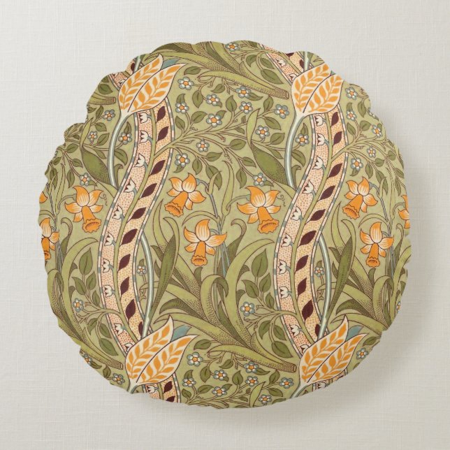 William Morris Daffodil Garden Flower Classic Bota Round Pillow (Front)