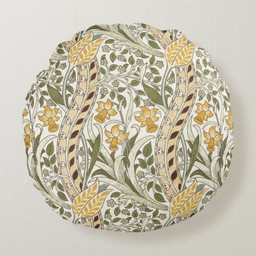 William Morris Daffodil Garden Flower Classic Bota Round Pillow