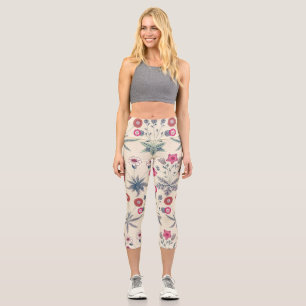 William Morris Daisy Floral Pattern Red Orange Capri Leggings