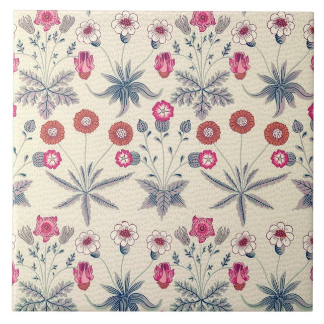 William Morris Daisy Floral Pattern Red Orange Ceramic Tile (Front)