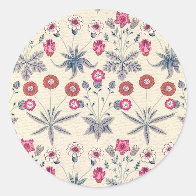 William Morris Daisy Floral Pattern Red Orange Classic Round Sticker (Front)