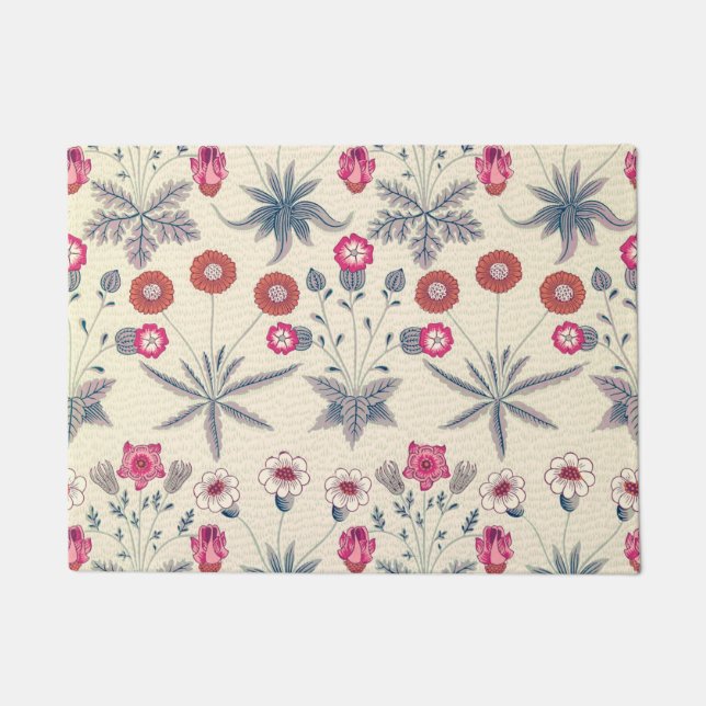 William Morris Daisy Floral Pattern Red Orange Doormat (Front)