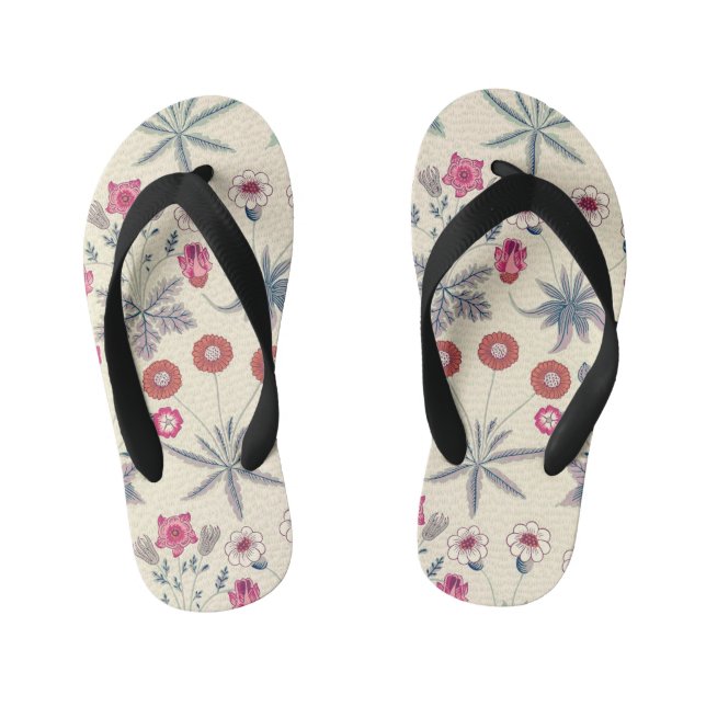 William Morris Daisy Floral Pattern Red Orange Kid's Flip Flops (Footbed)