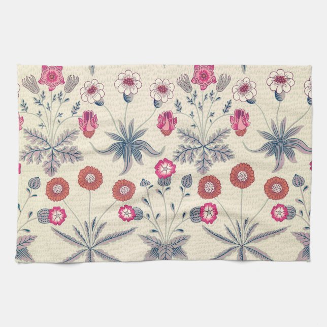 William Morris Daisy Floral Pattern Red Orange Kitchen Towel (Horizontal)
