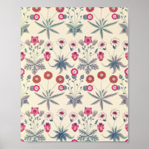 William Morris Daisy Floral Pattern Red Orange Poster