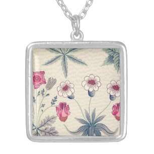 William Morris Daisy Floral Pattern Red Orange Silver Plated Necklace
