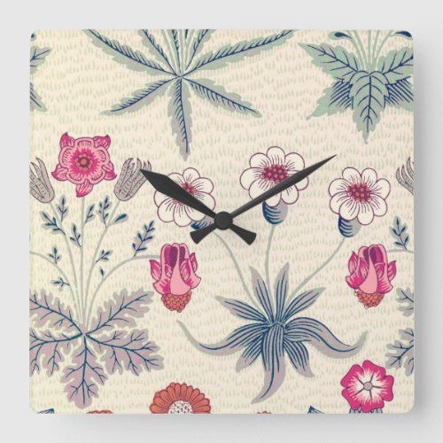 William Morris Daisy Floral Pattern Red Orange Square Wall Clock