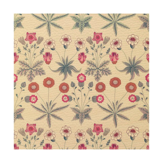 William Morris Daisy Floral Pattern Red Orange Wood Wall Art (Front)
