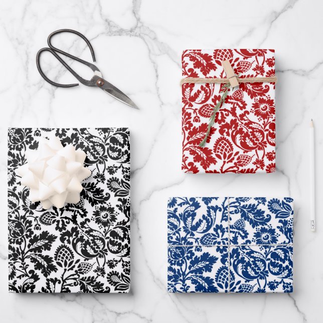 William Morris Damask Black & White, Red, Blue Wrapping Paper Sheets (Front)