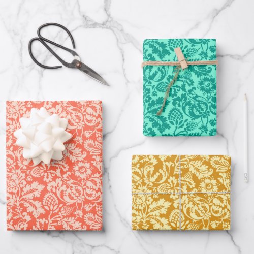 William Morris Damask Coral Turquoise and Gold Wrapping Paper Sheets