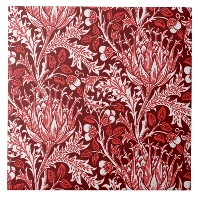 William Morris Damask, Dark Red & White Ceramic Tile (Front)