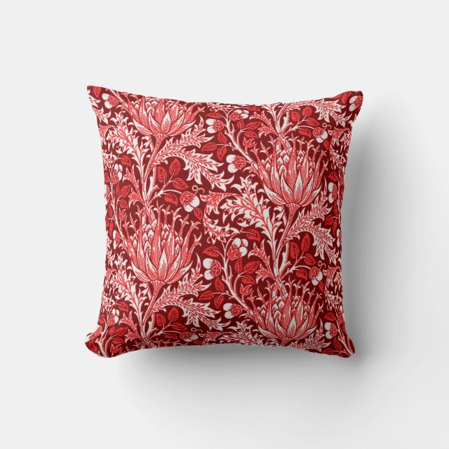 William Morris Damask, Dark Red & White Throw Pillow (Front)