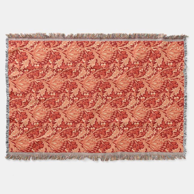 William Morris Damask, Deep Orange Throw Blanket (Front)