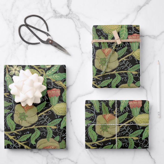 William Morris Dark Pomegranate Fruit Pattern Wrapping Paper Sheets (Front)