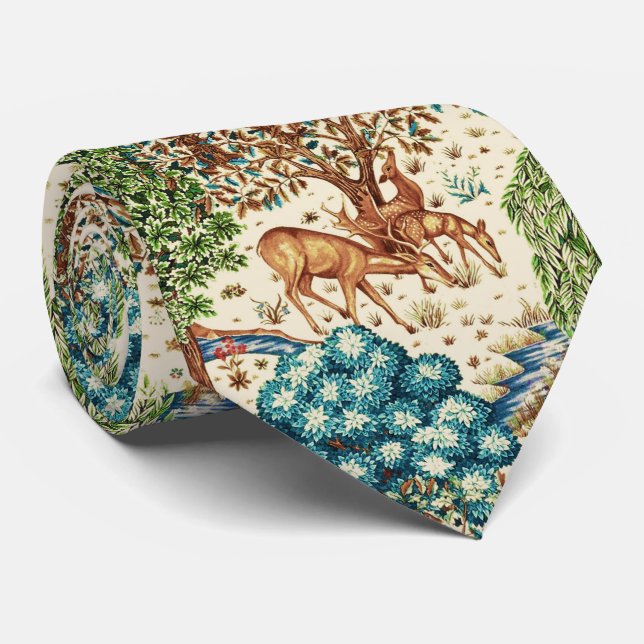 William Morris Deer by a Brook Beige and Blue  Neck Tie (Rolled)